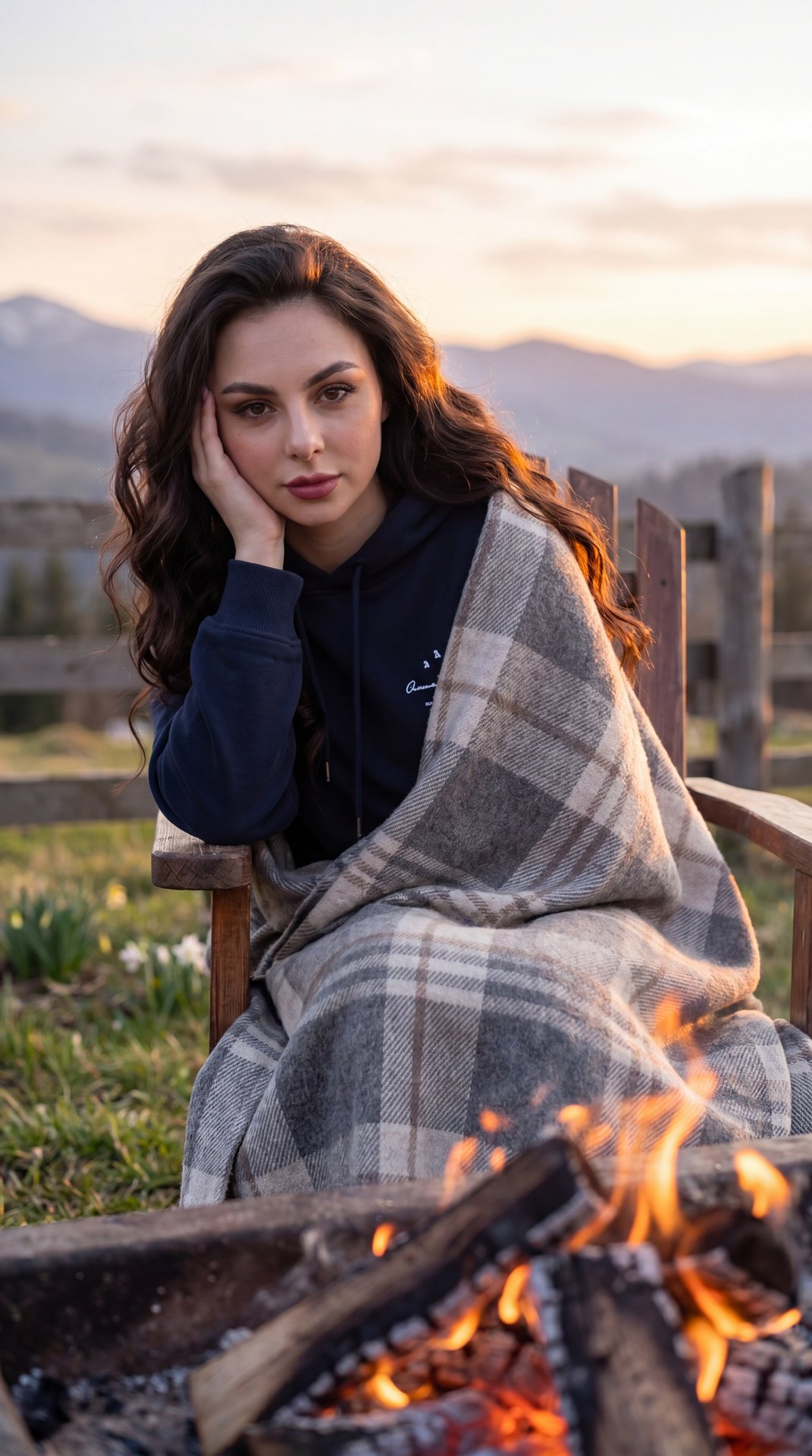 Hyper-realistic authentic raw photograph, completely indistinguishable from reality, unretouched lifestyle capture, zero CGI look. Beautiful spring sunset at a mountain cabin yard; warm campfire with glowing embers in the soft-focus foreground; subject se