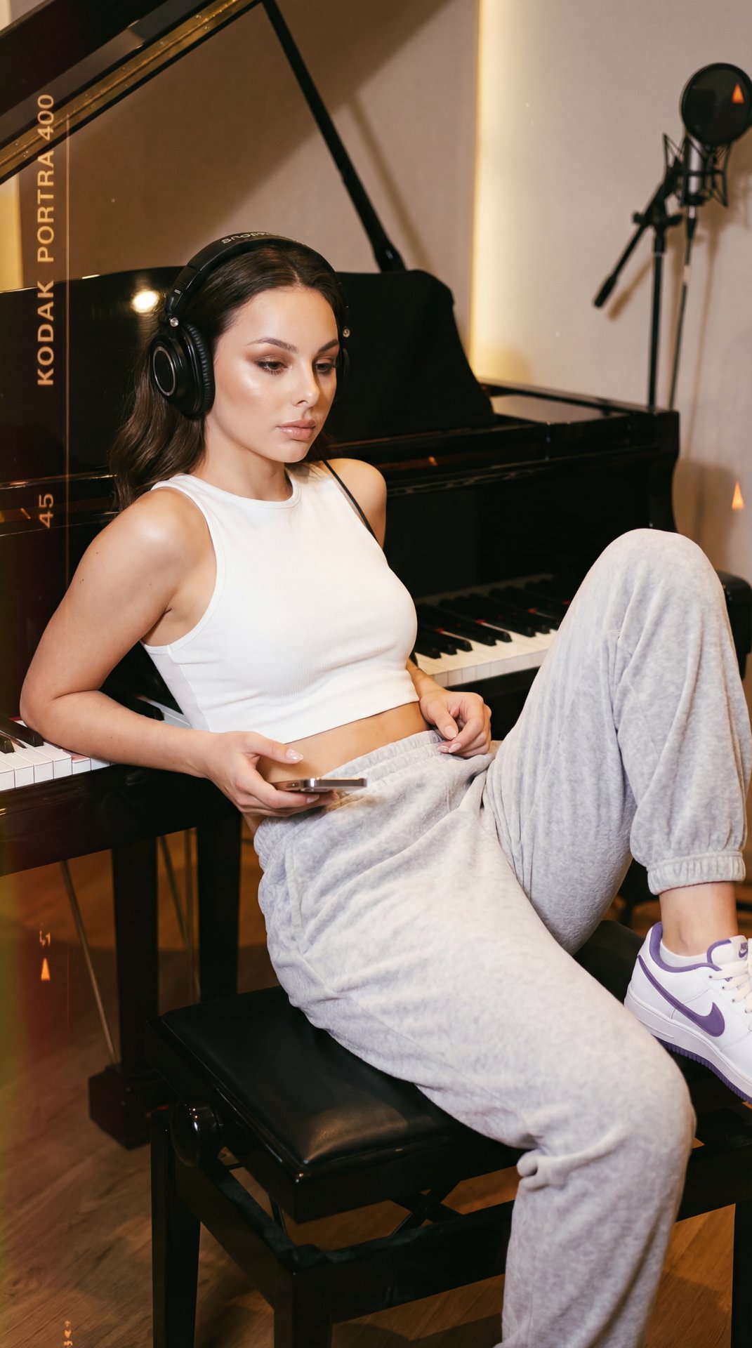 A girl is captured in a relaxed, candid medium shot leaning back on a black piano bench in a recording studio. The camera angle is slightly high and tilted, emphasizing her casual, comfortable pose and the environment around her. She reclines on the bench