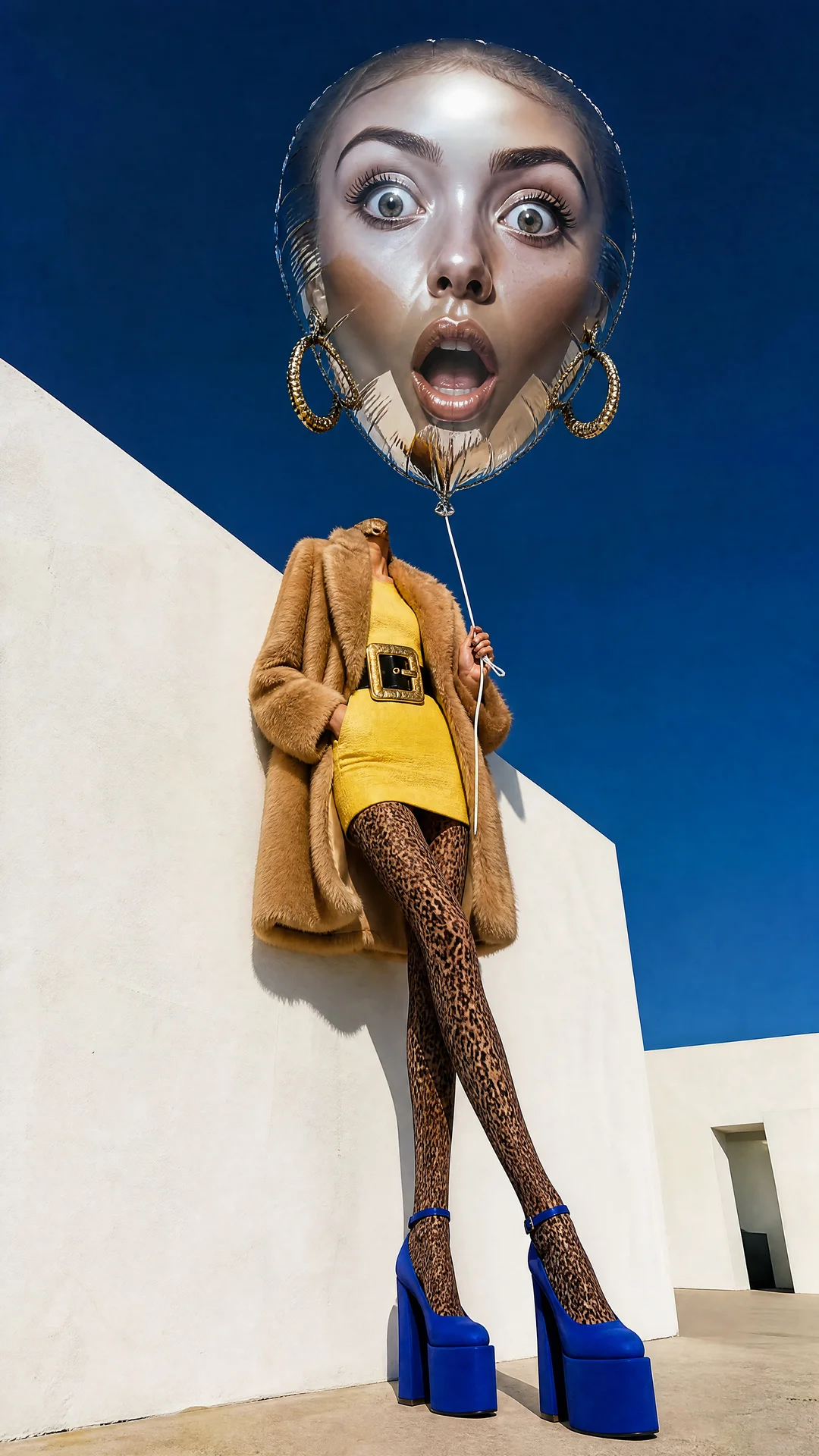 Create a surreal luxury fashion editorial photograph inspired by Jacquemus campaigns, Moschino, Schiaparelli, Vogue Italia and contemporary surreal art.


A stylish fashion woman stands confidently on a minimalist rooftop under a perfectly clear deep blue