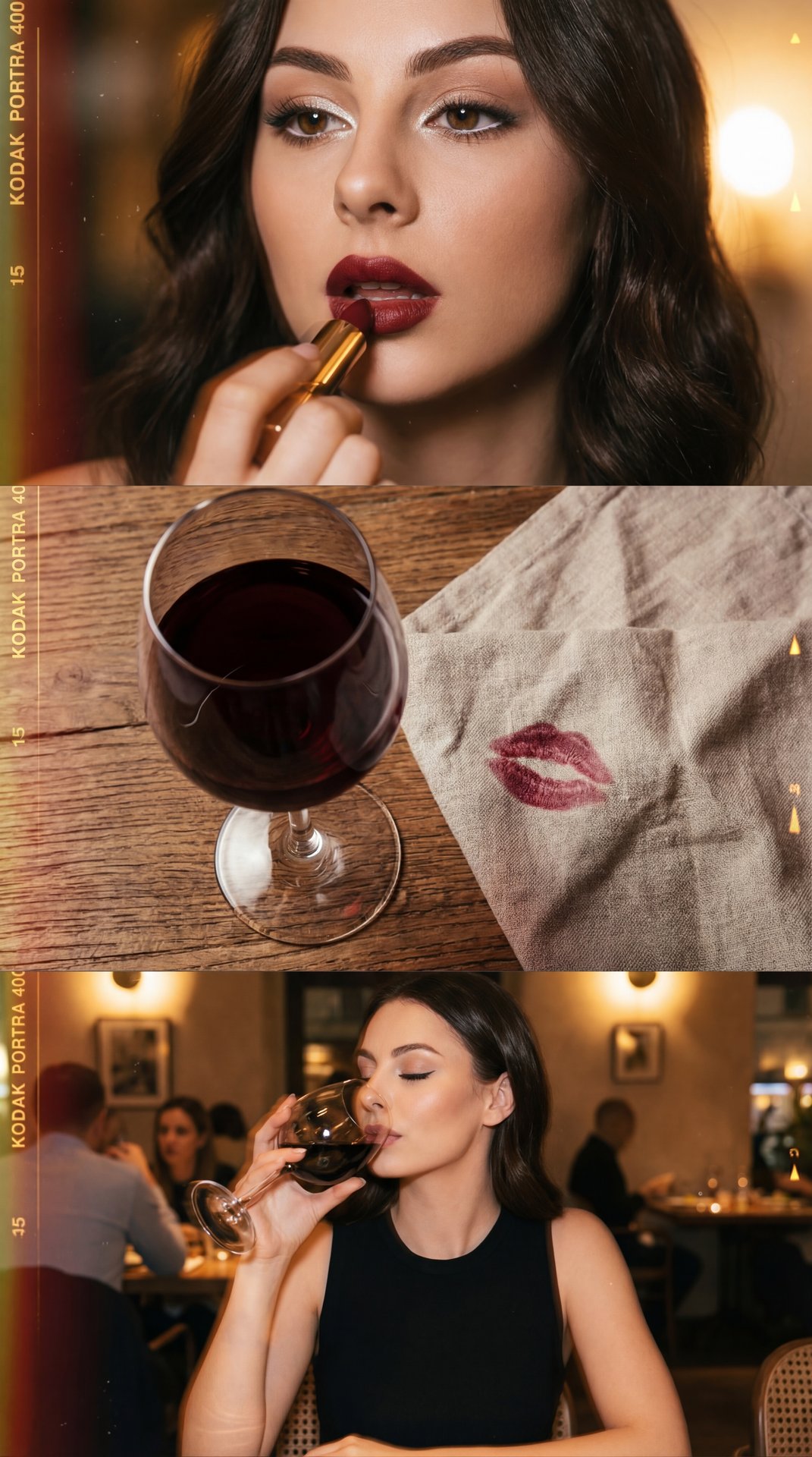 The image is a collage of three vertically arranged photographs, each reflecting moments of elegance and leisure.

1. ** Top image**: A woman applying lipstick in close-up. Her expression is focused as she carefully applies a dark shade of lipstick using 