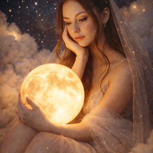A girl is seated surrounded by fluffy, cloud-like formations with a dark, star-studded sky backdrop, evoking a dreamy, celestial atmosphere. She is holding a glowing, realistic moon prop close to her body with both hands; her left hand gently wraps around