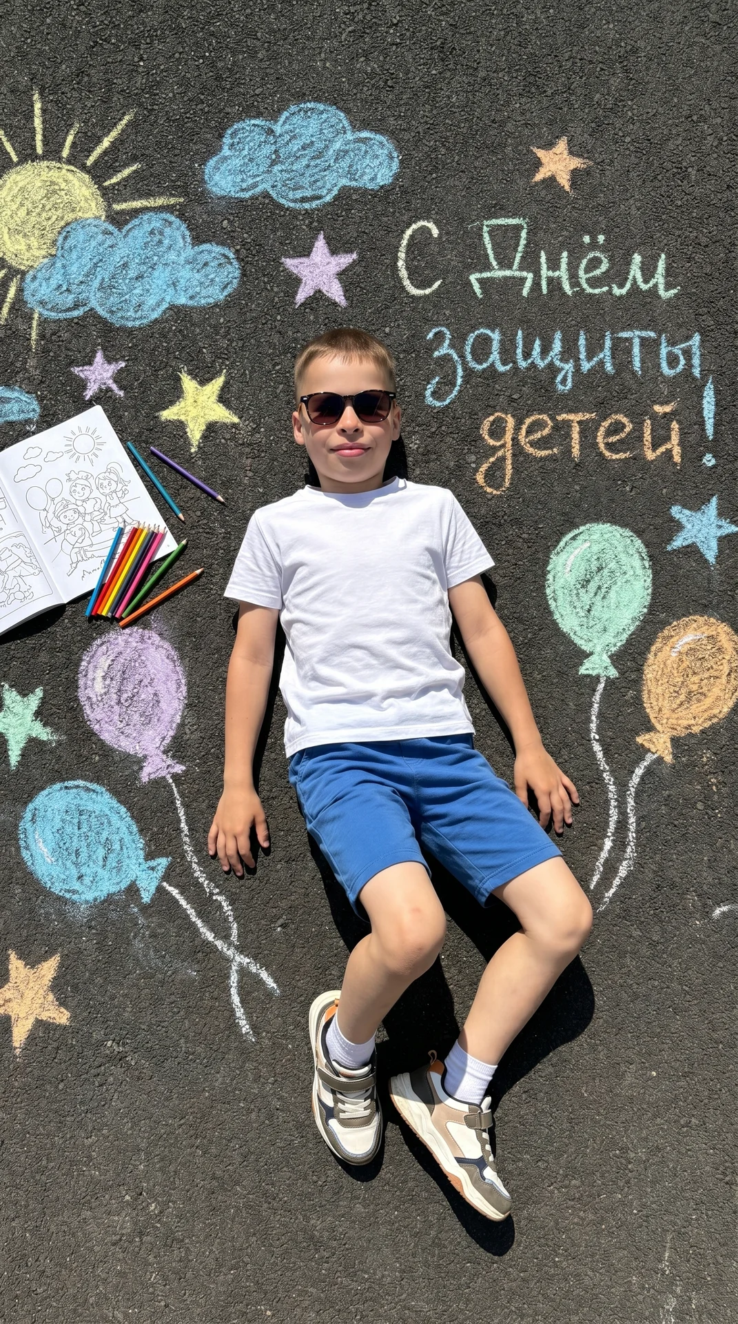 Не меняя черты лица! Высокая детализация текстур кожи и волос, позволяющая рассмотреть текстуру кожи, отдельные волоски бровей и ресницы. А так же одежды.
Вид сверху: маленький мальчик 9 лет лежит на тёмном зернистом асфальте среди ярких рисунков цветными