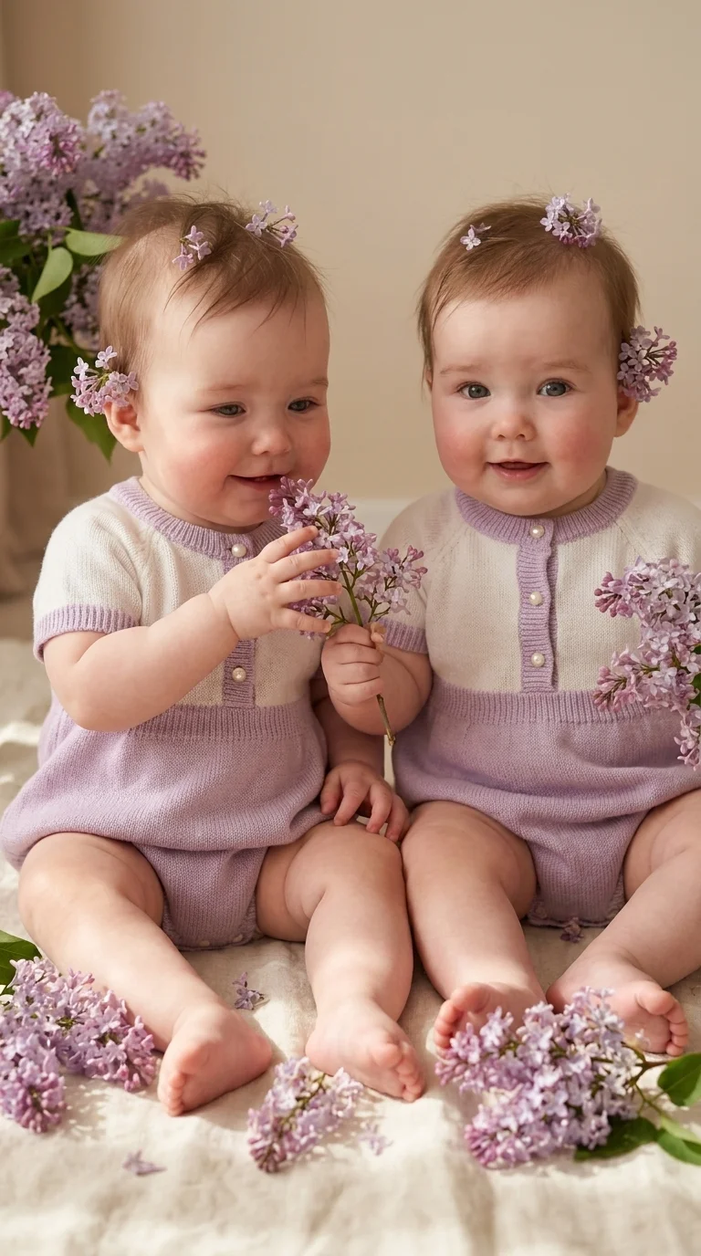 Ultra-realistic professional photo of two identical twin baby girls, 8 months old. They are sitting on a soft cream linen rug, wearing matching beautiful knitted bodysuit dresses in pale lilac and white with tiny pearl buttons. Fresh lilac flowers (syring