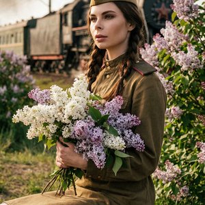 Формат 9:16\. Создай портрет, не изменяй черты лица, скопируй в точности с референсов форму бровей, глаз, ресницы, нос, губы, волосы\. Схожесть 100% Кинематографический близкий портрет
Женщина в советской военной форме с пилоткой
Волосы блестящие собраны 