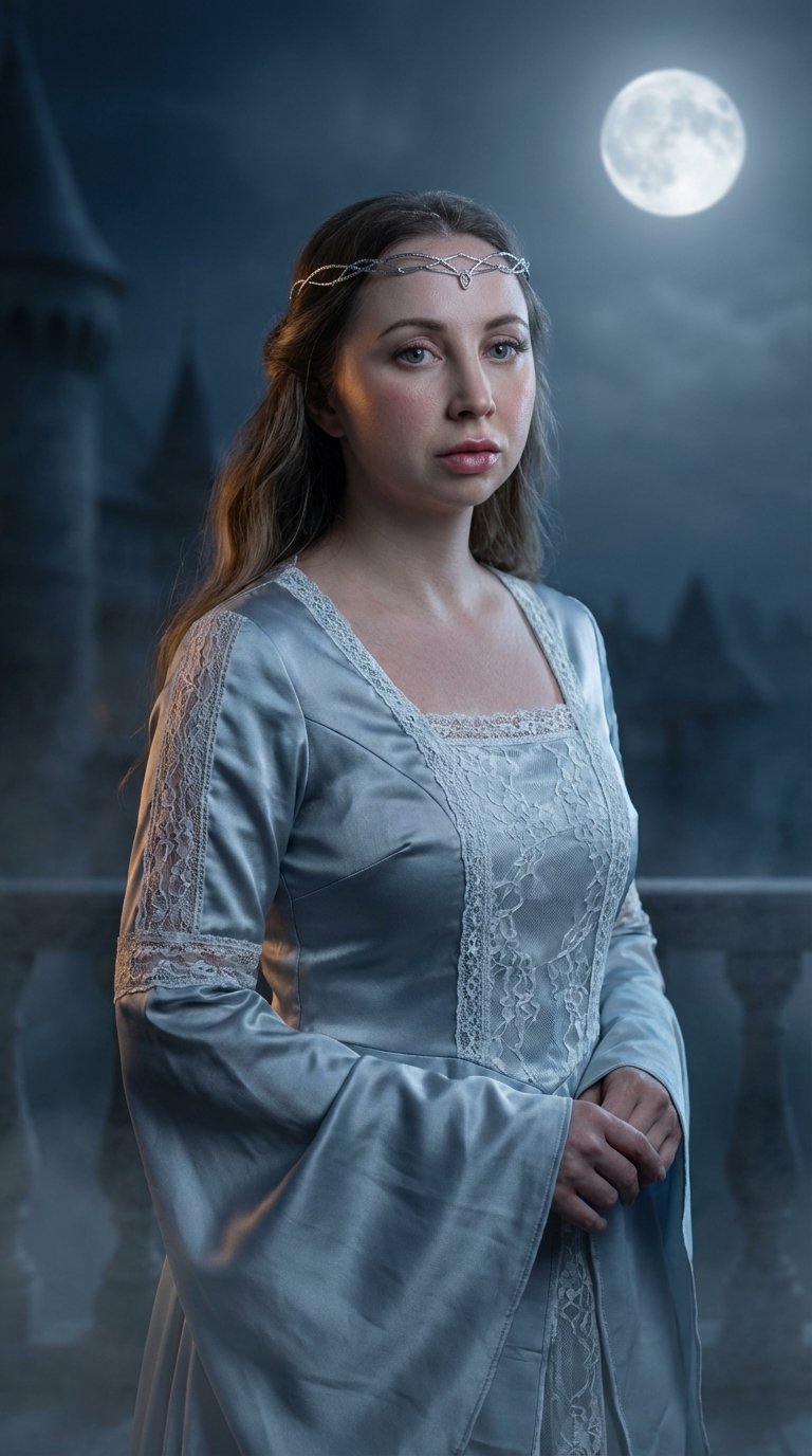 Cinematic photorealistic portrait of the woman from the reference image, strictly maintaining her 1:1 exact facial likeness, skin texture, and proportions. She is portrayed as Princess Melicent from "June 31". Makeup: Soft, elegant light makeup featuring 