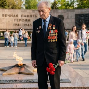 Дедушка 90 лет, в черном костюме, светлая рубашка, Немного задумчивое и грустное лицо. на костюме видны 7 медалей и 2 ордина, Стоит у памятника с вечным огнем, в руках держит красные гвоздики. Погода солнечная, мягкий свет, добрая атмосфера вокруг. Рядом 