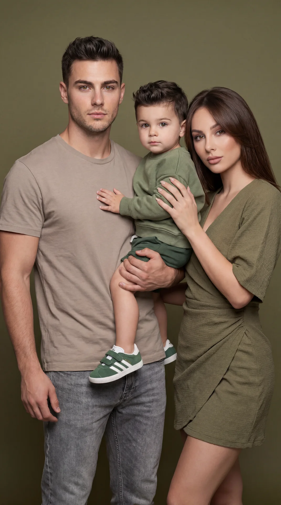 Professional studio family portrait, eye-level straight-on medium three-quarter shot, portrait orientation, ~85mm lens, soft diffused frontal key light on an olive seamless backdrop, high-resolution, balanced contrast, clean edges, no grain; left adult in