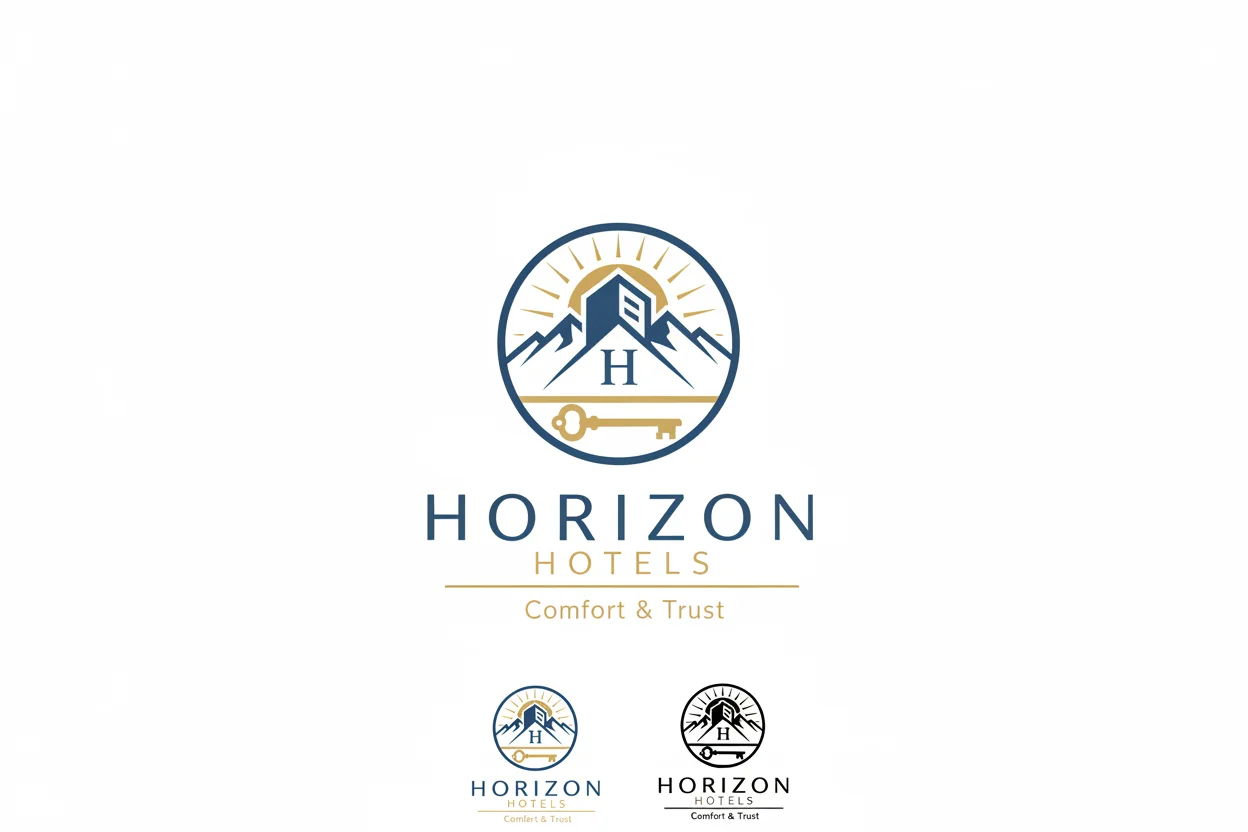 Stylish and memorable logo for a hotel brand, modern and elegant design, minimalistic style, premium look, clean lines, balanced composition. Include subtle hospitality symbols such as a building silhouette, mountains, sun, or a key. The logo should conve