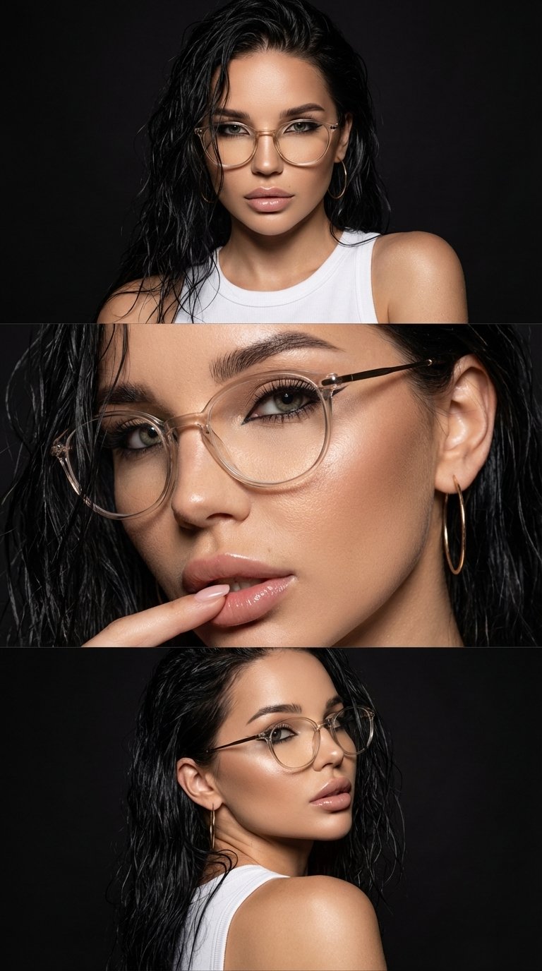 Photo 3:4. Vertical three-frame editorial collage, professional beauty studio photography with hard directional lighting.
A young woman based on an uploaded reference photo, facial features preserved.
High-fashion beauty editorial with strong contrast and