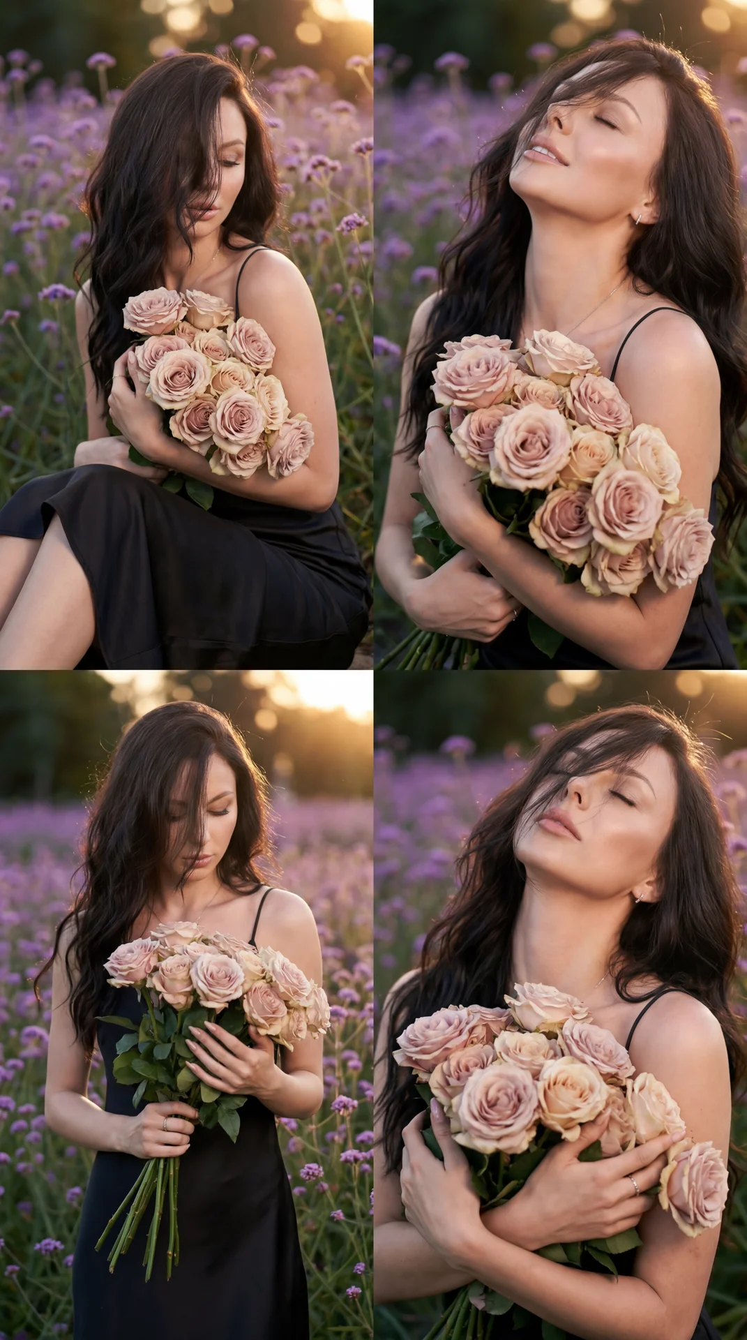 holding them in hands. The bottom frame is a close-up portrait head thrown back, eyes closed, clutching the bouquet of roses to chest. In all frames, hair falls over face, obscuring part of it. The color palette is muted, with delicate colors.
The overall