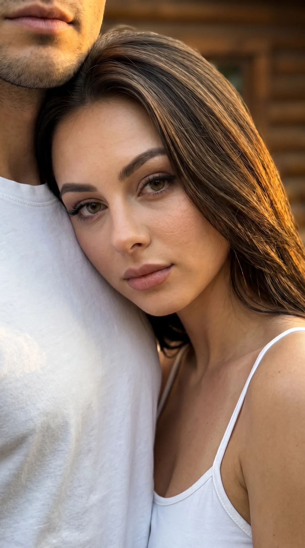 hyper-realistic photograph, 9:16, tight close-up shot of intimacy: женщина прижалась щекой к груди мужчины, очень крупный план на её лицо, её волосы и текстуру его белой футболки; та же одежда (белая футболка, белая майка на тонких бретелях) и прически (т