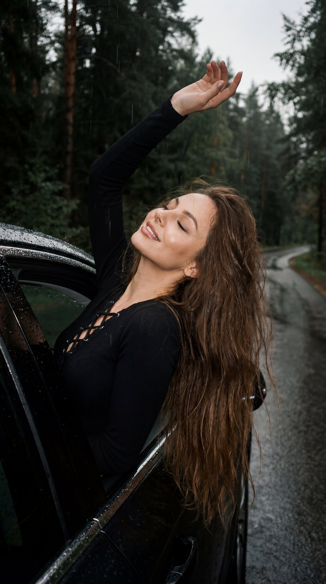 2014 iPhone 4 camera aesthetic, vintage Tumblr + Pinterest mood, soft flash photography, natural imperfections, slight grain, cinematic rainy atmosphere.

3:4 aspect ratio, emotional cinematic composition.

A scene of a car driving on a forest road on a r