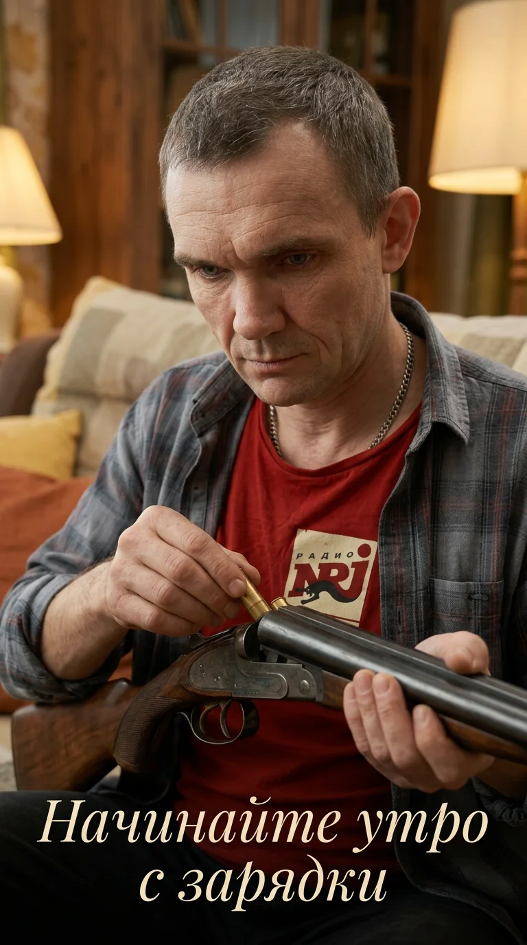 Hyper-realistic cinematic close-up shot. A man [with the exact facial features from the attached reference photo] sitting on a comfortable sofa in a cozy, dimly lit living room during golden hour. The man is focused on the process of loading a classic dou