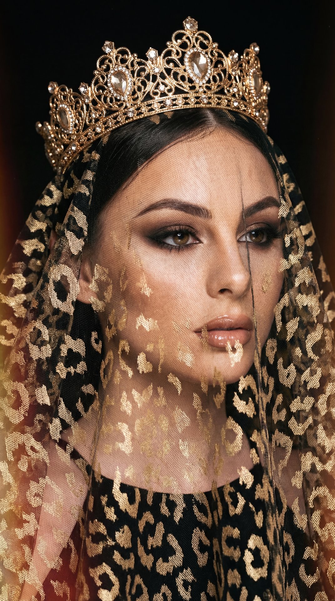 A girl in a regal, spectacular studio portrait wearing a crown of gold filigree and a transparent tulle veil with a leopard print, completely covering her head and face; close-up shot (head and shoulders), 3/4 angle of the girl, at eye level; hands not vi