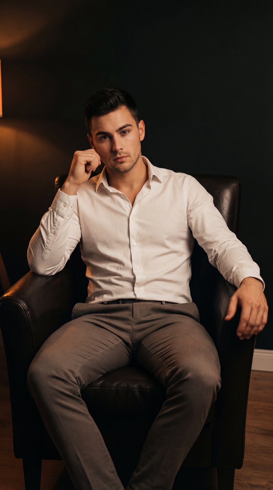 Moody low-key portrait in a dark interior: subject seated deep in a dark leather armchair, torso slightly angled to camera; left elbow braced on the armrest, left hand in a loose fist with knuckles gently touching the side of the face near the cheek; righ