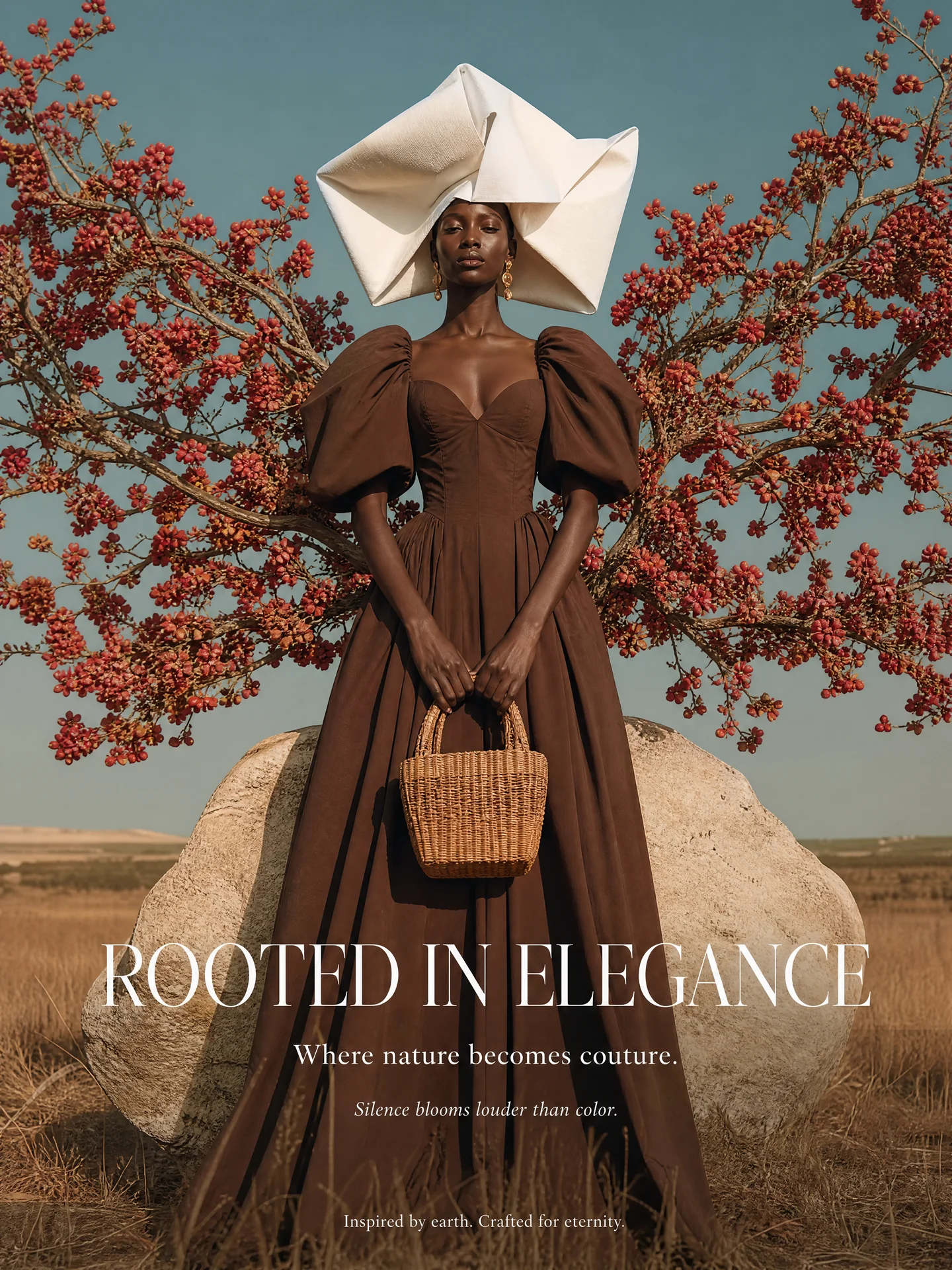 A surreal luxury fashion editorial featuring a s