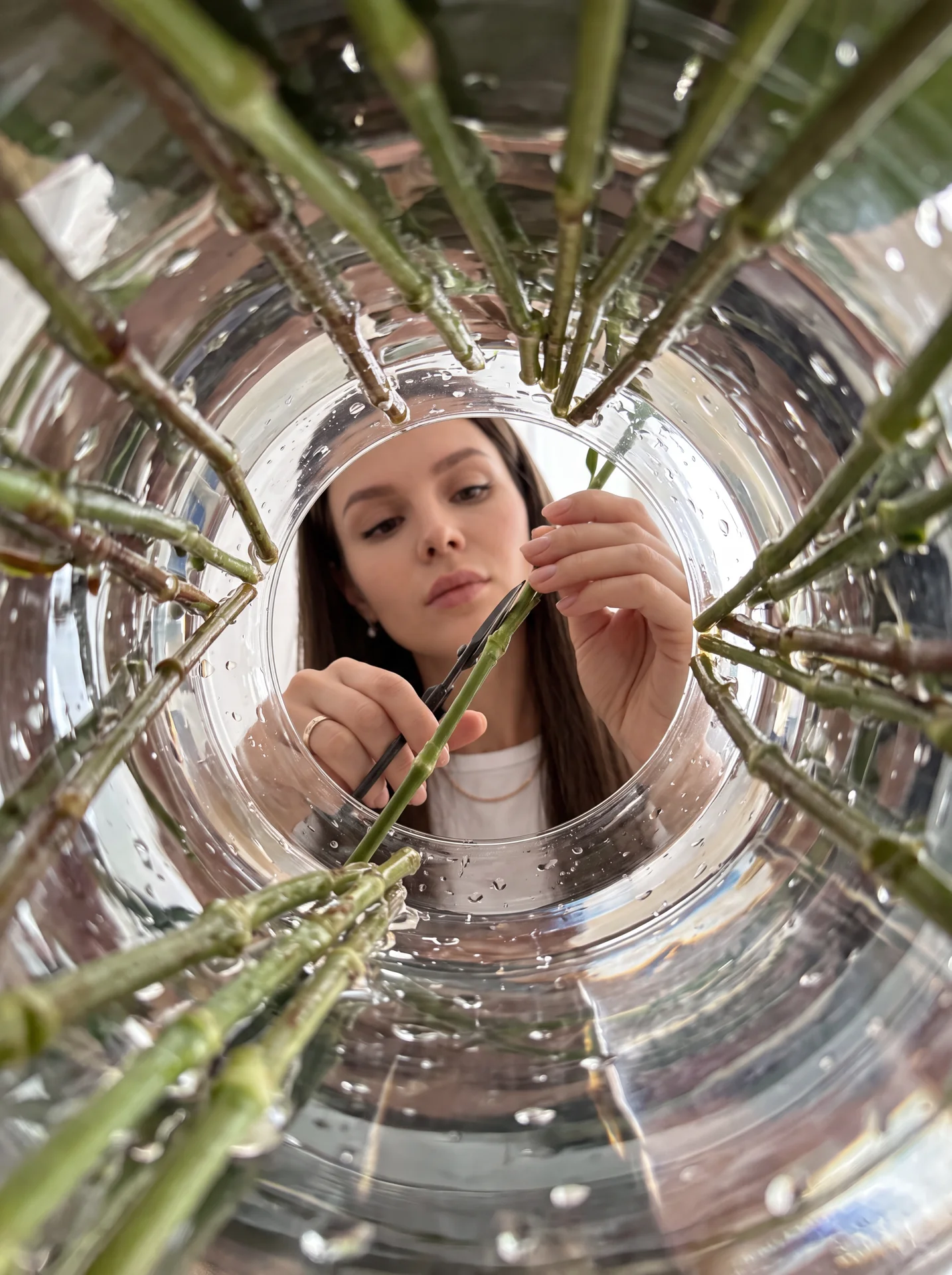 A florist trimming flower stems, viewed from an impossible camera angle placed inside a tall glass vase. The camera sits at the bottom of the vase, with transparent glass walls, water droplets, and bundled stems looming overhead, naturally framing the flo