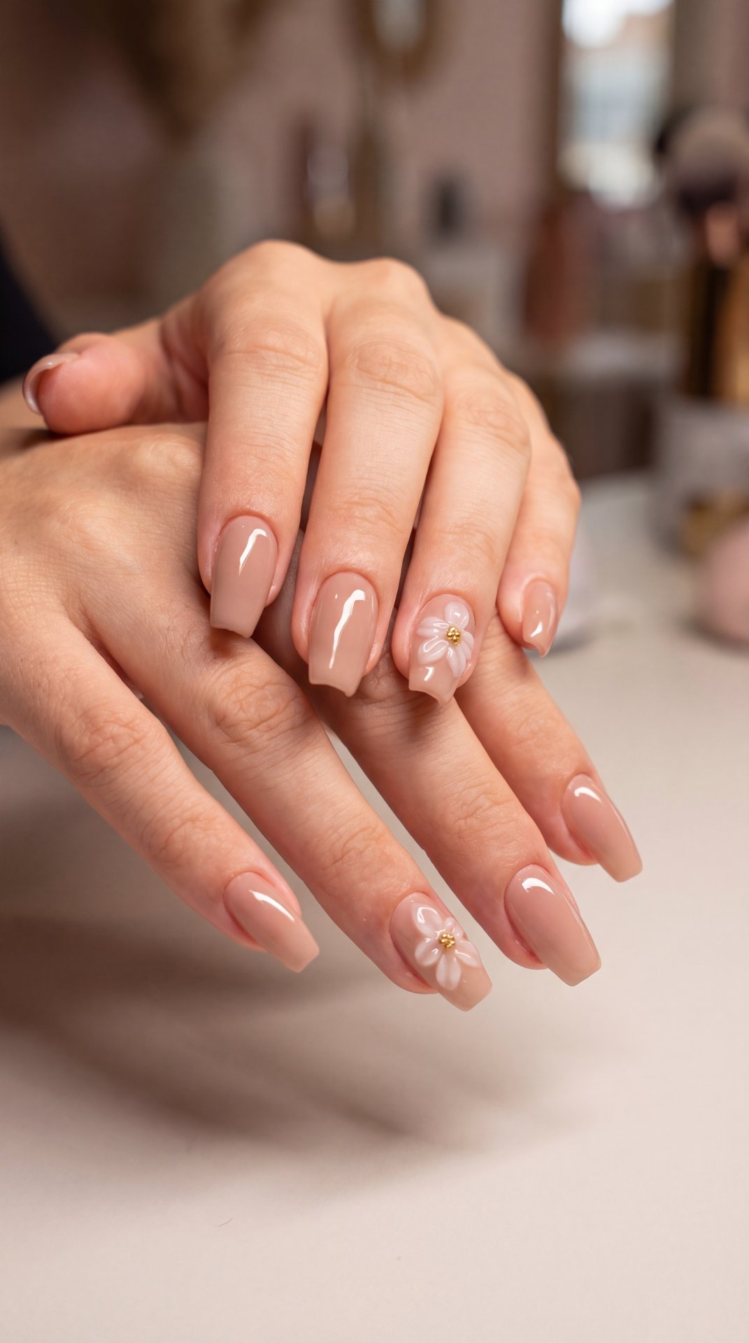 Photorealistic 4K close-up of manicure, resolution 3840x2160, ultra-detailed: {ракурс|сверху|сбоку|с трёх четвертей|макро-кончик пальца|вид от клиента}, {освещение|мягкий естественный свет из окна|студийный софтбокс тёплый|жёсткий контровой рим-лайт|холод