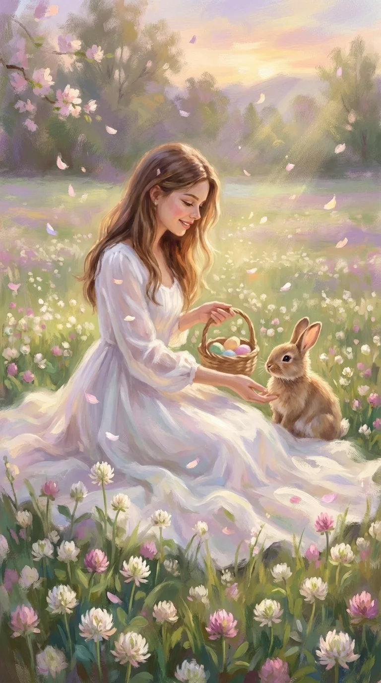 Artistic masterpiece of a girl in a white flowing dress sitting in a beautiful pose on a field of clover. She is looking at a cute Easter rabbit with a tender smile. Ethereal lighting, pastel colors, whimsical atmosphere, cinematic lighting, petals blowin