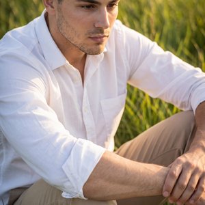 Professional photo, portrait orientation, medium shot from a slightly high three-quarter angle; subject seated in tall green grass at golden hour, off-center (rule of thirds). Pose: sitting with knees drawn up; forearms resting across the knees; hands rel