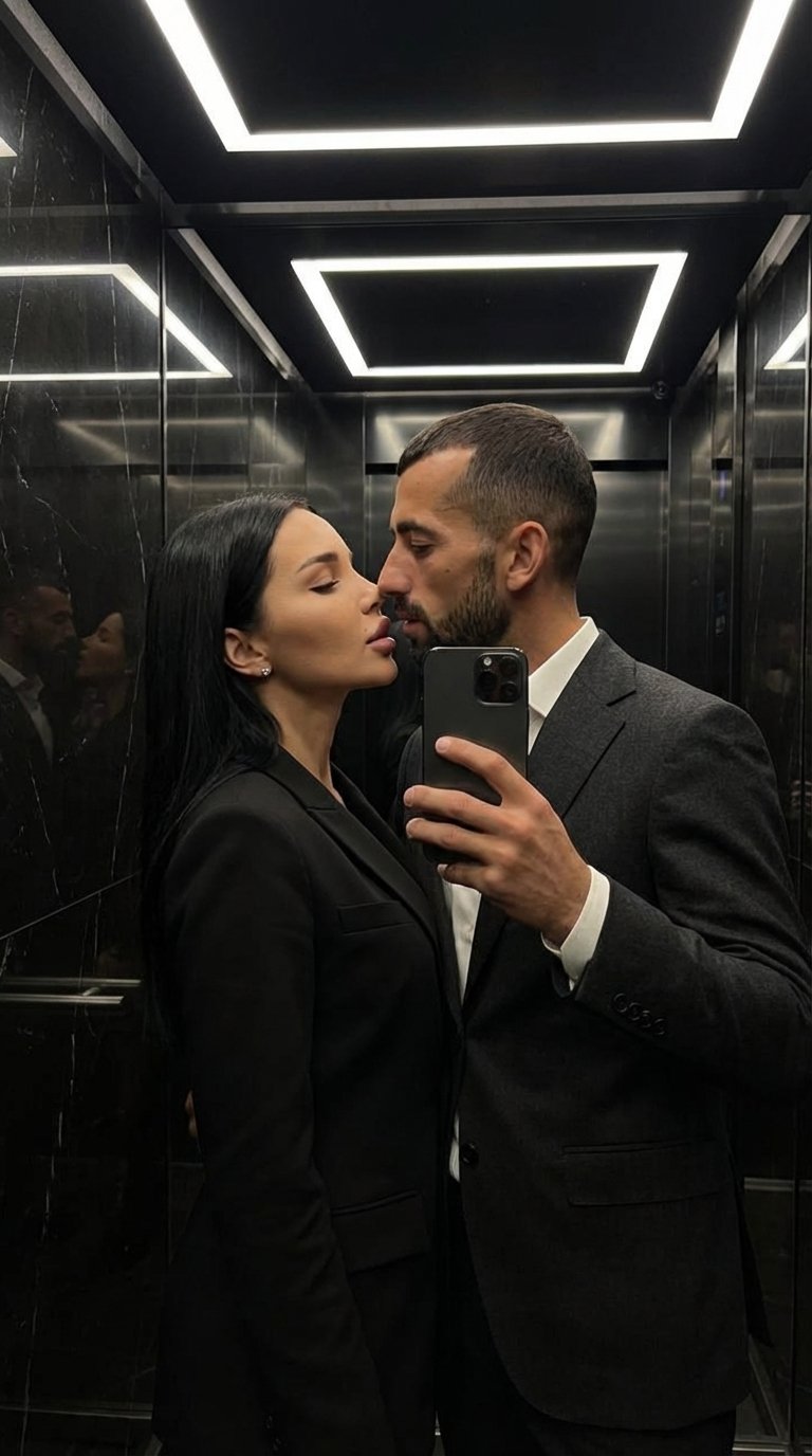 A luxurious, intimate mirror selfie inside a dark elevator with reflective black walls and soft linear ceiling lights. A well-dressed couple stands extremely close, almost touching lips.
The man wears a tailored dark wool suit with a crisp white shirt, ho