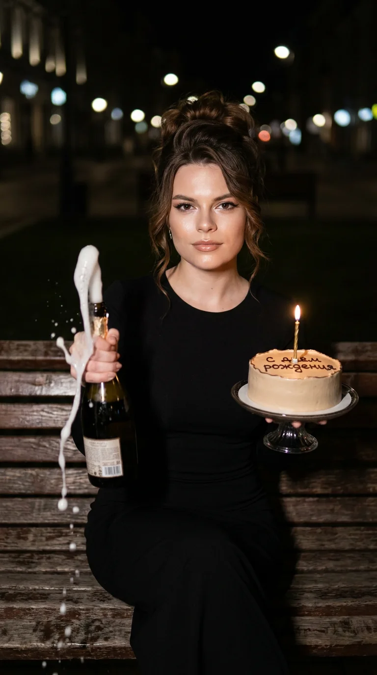 Создай фотореалистичное birthday luxury lifestyle / night editorial фото.
В кадре красивая девушка сидит на деревянной лавочке ночью на улице. На ней образ с фото 2 Ноги красиво скрещены, поза уверенная, женственная и немного дерзкая. У девушки объёмные р