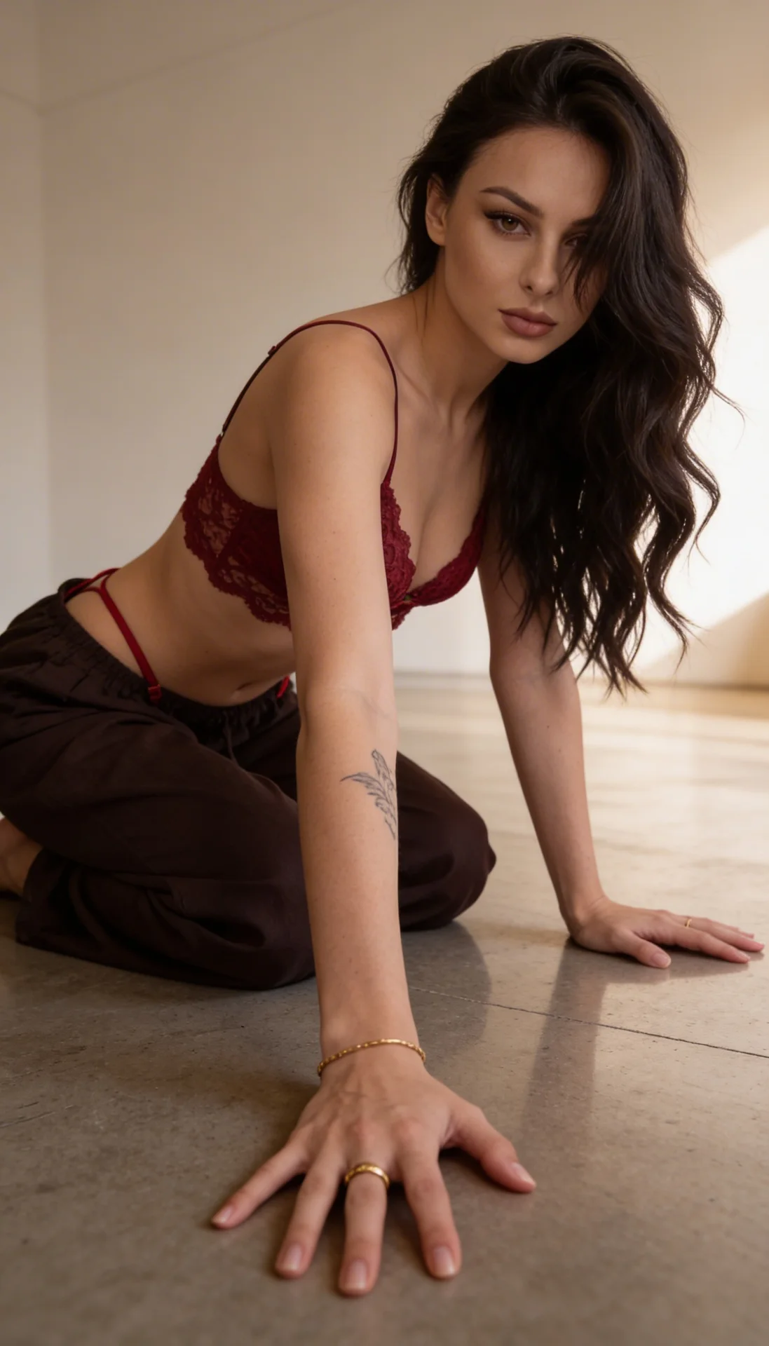 A girl is posed on her hands and knees on a polished concrete floor indoors, positioned sideways to the camera with her torso slightly leaning forward. Both of her arms are fully extended, palms and fingers spread wide on the floor, supporting her upper b
