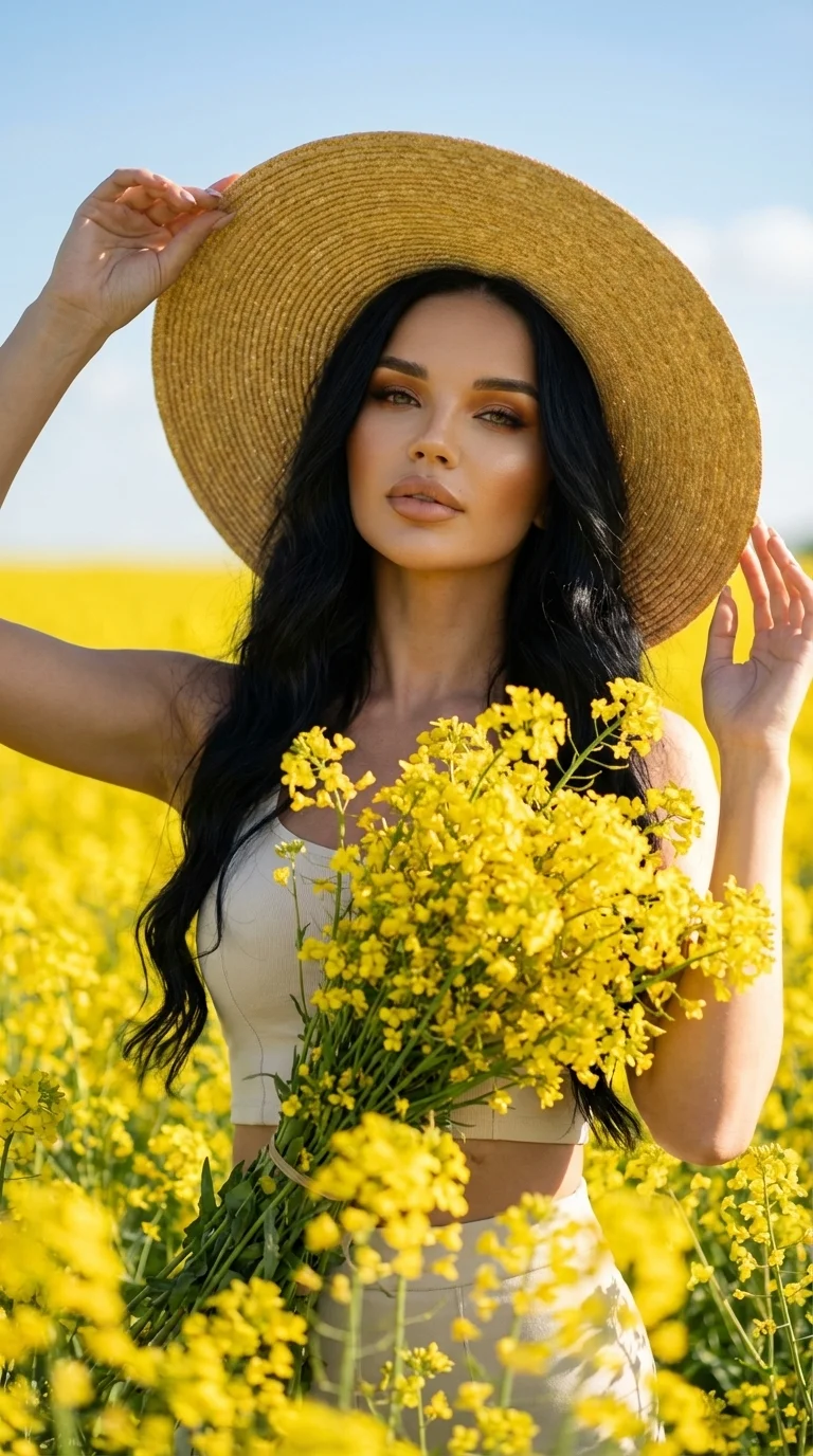 Фотореалистичная fashion-съёмка в поле жёлтых цветов (рапсовое поле), девушка стоит среди цветов, кадр по пояс, корпус слегка повернут, одной рукой придерживает широкополую соломенную шляпу, вторая рука поднята, уверенная элегантная поза и взгляд в камеру