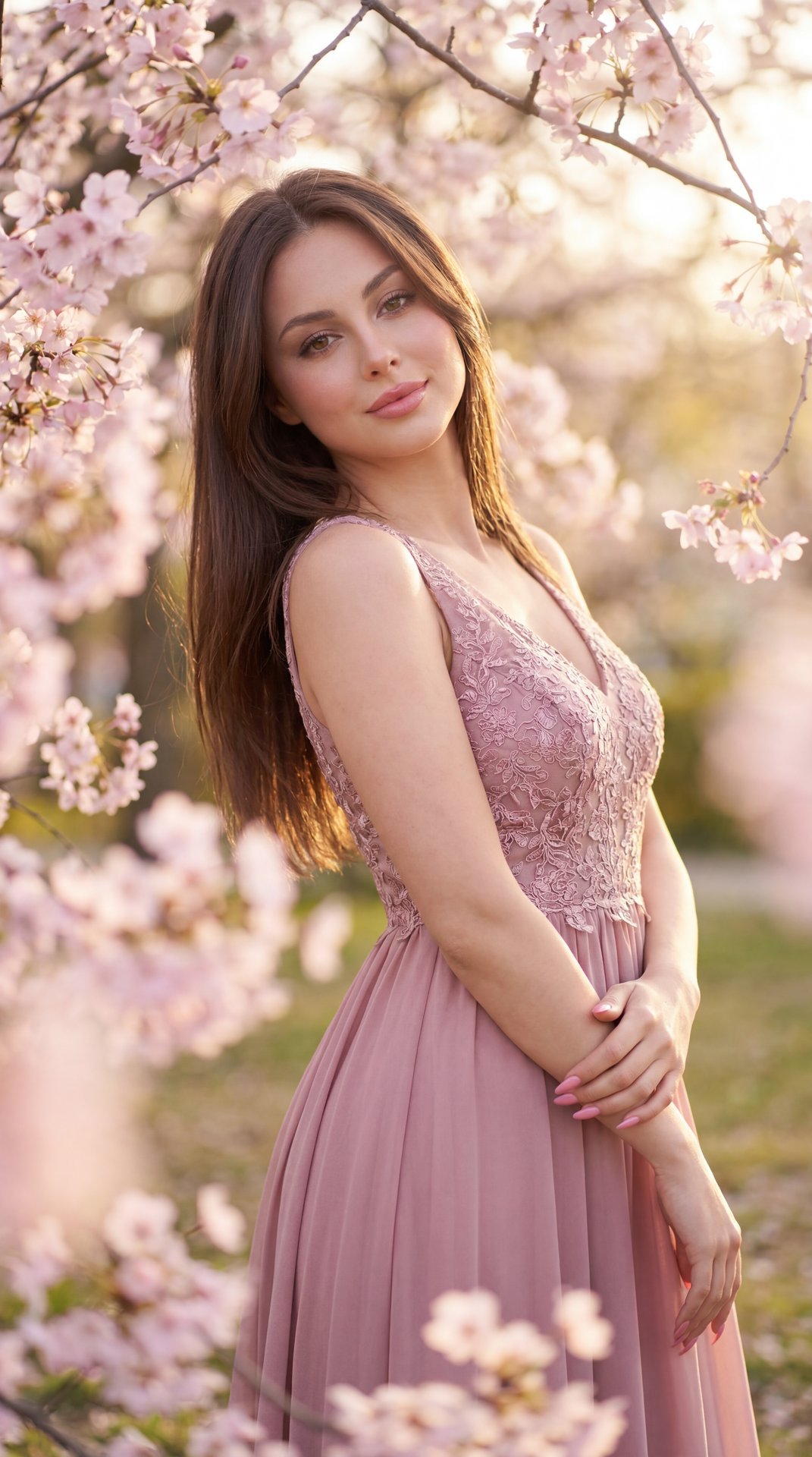 Professional three-quarter portrait (waist-to-mid-thigh), eye-level camera, slight diagonal composition with subject on the right third, in a spring cherry-blossom garden at golden hour; woman in a dusty-rose sleeveless V-neck dress with embroidered lace 