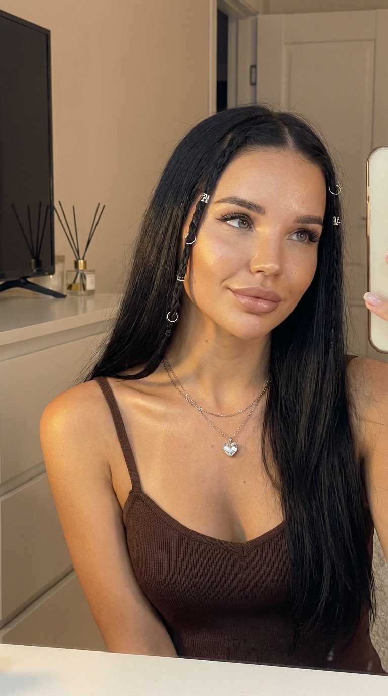Use photo uploaded, don’t change facial features. Ultra-photorealistic 9:16 mirror selfie portrait of a girl with long, straight dark hair and soft facial features. She looks slightly upward and to the side with a faint, dreamy half-smile. Makeup focused 