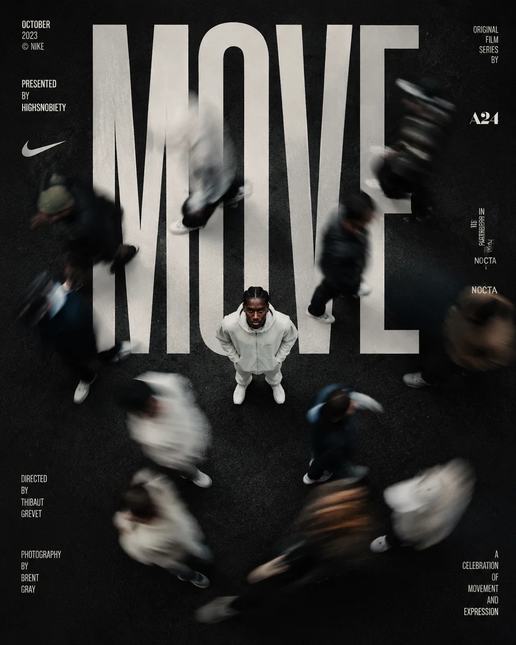 Vertical 4:5 editorial streetwear poster. Top-do