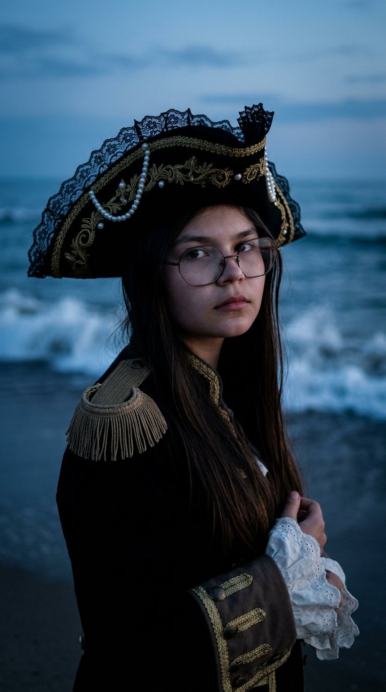 cinematic close-up portrait of a young woman in elegant pirate attire, standing on a dark beach at blue hour, wearing an ornate black tricorne pirate hat decorated with pearls, lace and flowers, historical pirate coat with epaulettes and delicate lace det
