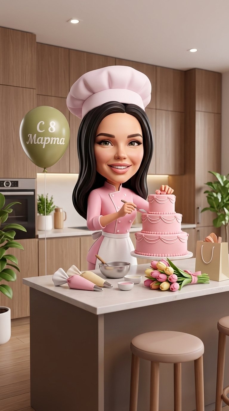 Миловидная девушка в 3D\-карикатурном стиле с крупной головой и реалистичными чертами лица, девушка стоит на красивой современный кухне с островом, на острове стоит большой розовый торт , лежит набор для кондитера , девушка одета в розовую форму кондитера