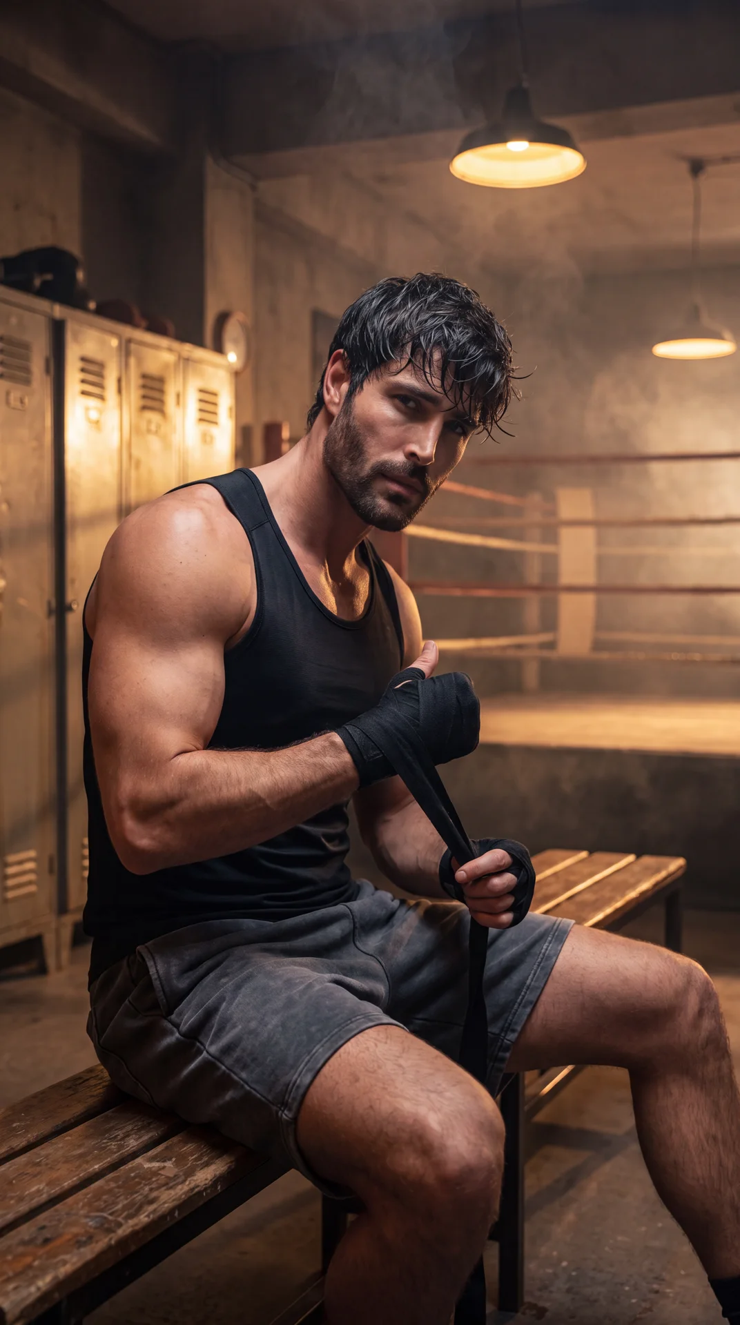 ультрареалистичная сцена в старом underground boxing gym поздним вечером, теплый свет ламп отражается на металлических шкафчиках и боксерском ринге, в воздухе легкий дым и пыль после тренировки, вертикальный кадр от головы до колен, парень сидит на скамей