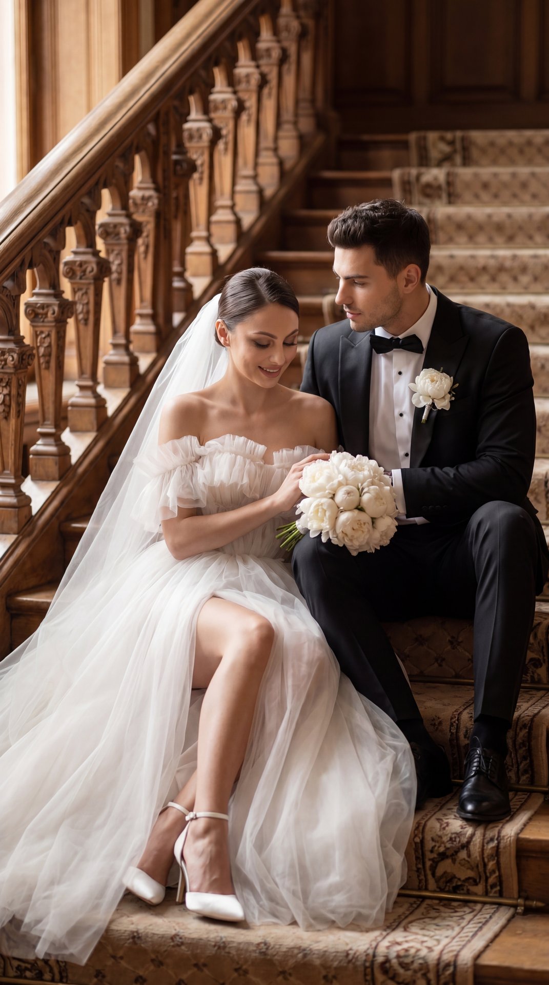 Cinematic bridal couple on an ornate historic staircase, medium-full shot, vertical portrait, 3/4 view from camera-left, slightly high angle; soft directional window light from camera-left, warm moody tonality, shallow depth of field with creamy bokeh, su