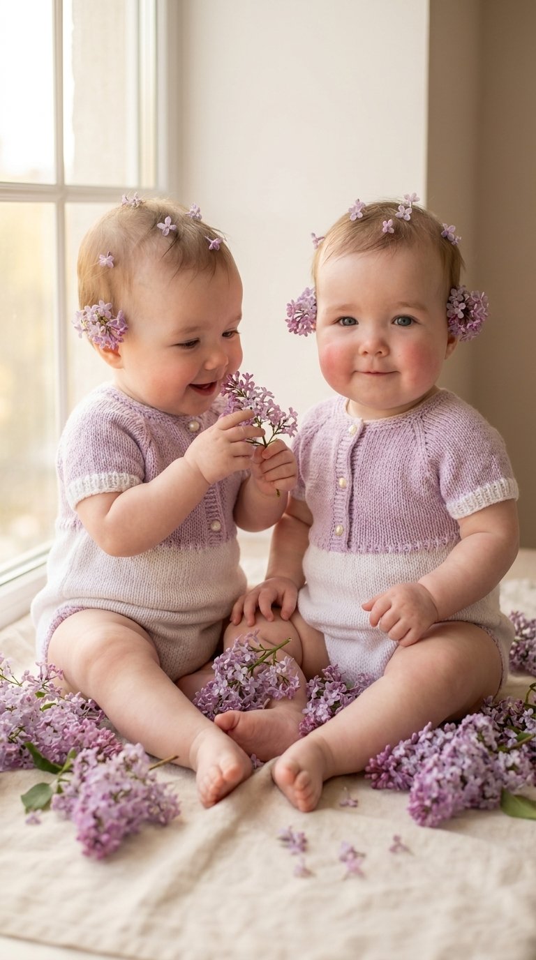 Ultra-realistic professional photo of two identical twin baby girls, 8 months old. They are sitting on a soft cream linen rug, wearing matching beautiful knitted bodysuit dresses in pale lilac and white with tiny pearl buttons. Fresh lilac flowers (syring