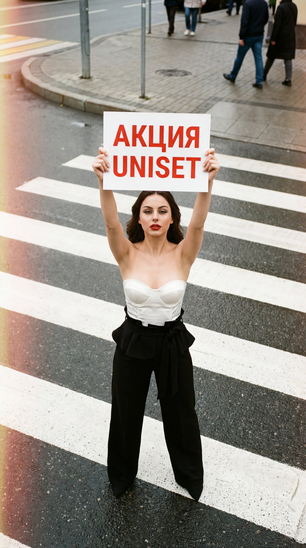 А girl on a city crosswalk, full-body long shot from a high overhead angle (professional camera, slight telephoto compression), natural daylight with soft overcast; she stands centered on bold white zebra stripes, feet hip-width apart, spine upright, shou