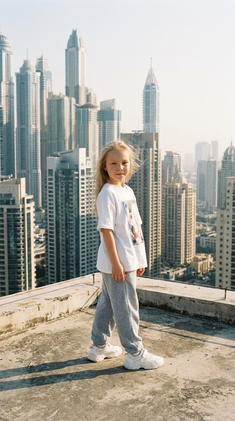 Фотореалистичное изображение: девочка 7 лет, внешность и черты лица максимально соответствуют исходному фото-референсу, стоит на крыше многоэтажного здания днём при солнечной погоде. На ней широкие серые спортивные штаны, белая оверсайз майка с принтом, б