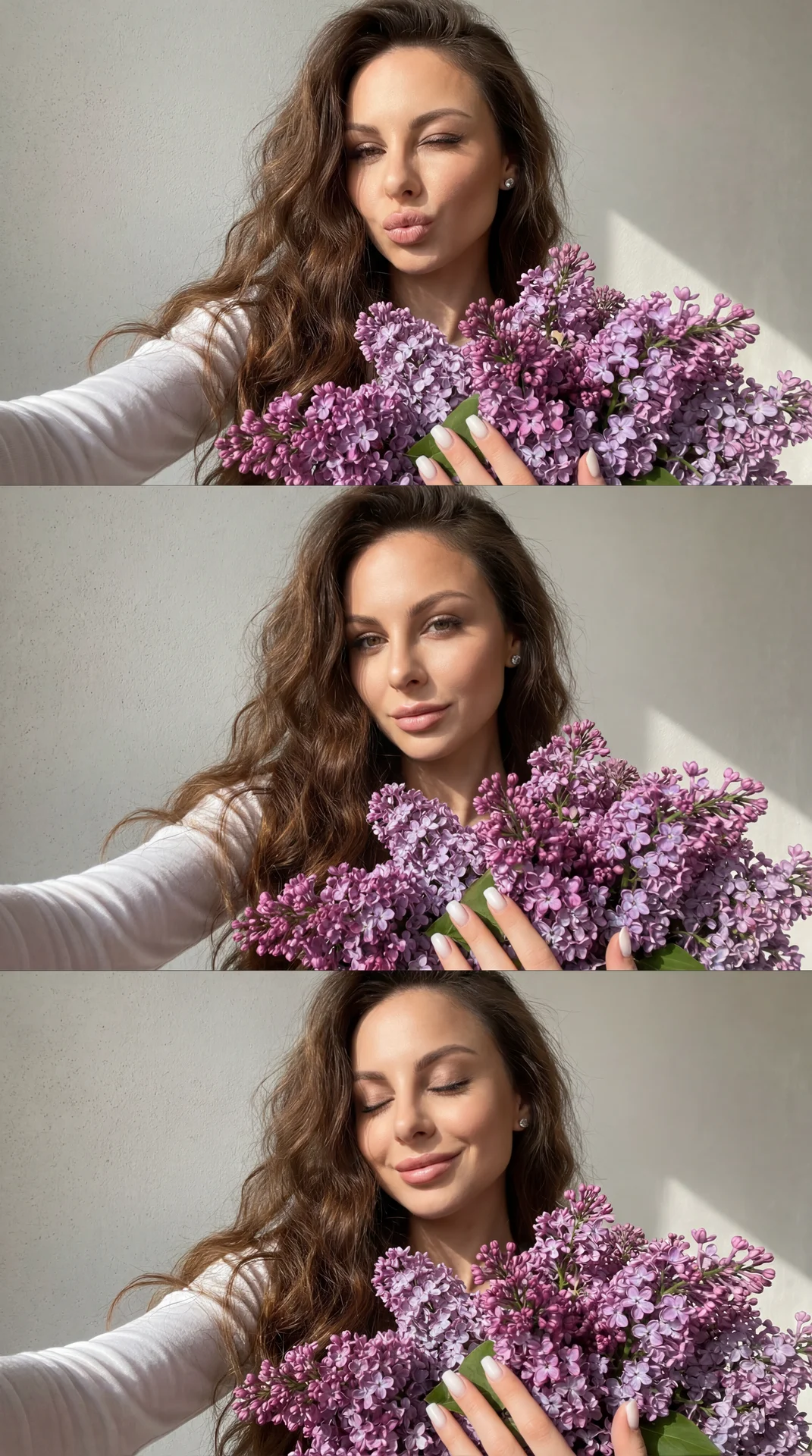 Create a triptych without changing facial features. Selfie, front camera, vertical collage of 3 frames (step by step), 9:16 format. Photorealism, 4K-8K, lifestyle / fashion editorial aesthetic, high detail.
General conditions for all 3 frames:
the same wo