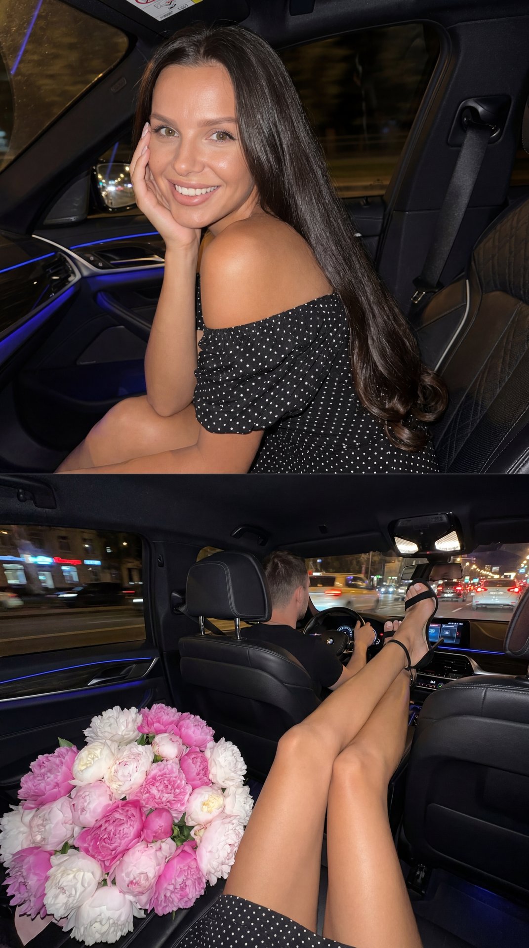 Триптих коллаж из 2 кадров в салоне черного BMW ночью.
верхний кадр — крупный портрет девушки на заднем сиденье, она улыбается и опирается щекой на руку, смотрит в камеру.
нижний кадр — ее длинные ноги вытянуты на сиденье рядом с огромным букетом розовых 