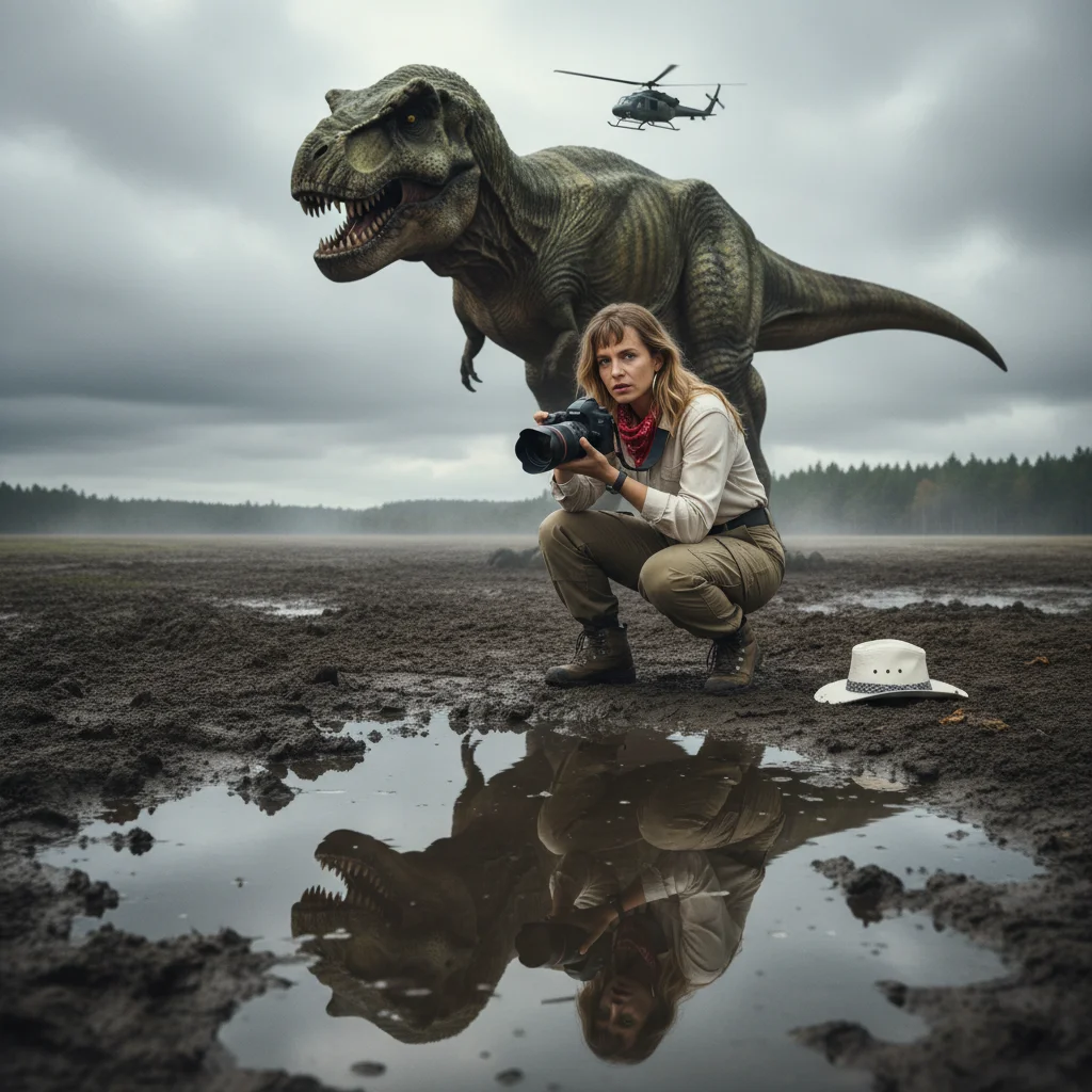 Face Keep, Don't Change 100%. A dramatic, cinematic shot of a massive Tyrannosaurus rex standing behind a woman crouched in a muddy field. The woman, a hiker or wildlife photographer, holds a professional camera and looks directly at the viewer. She is we