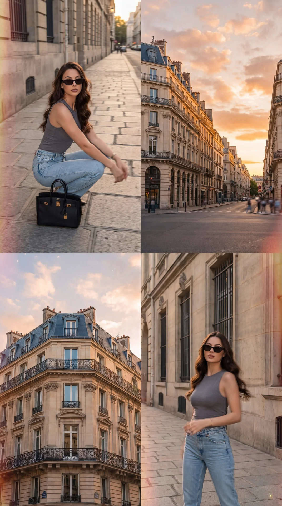 The collage consists of four images showcasing a stylish scene in a European city:

1. **Top Left:** A person with long, wavy hair is crouched on a street, looking poised and fashionable. They are wearing a gray sleeveless top and light blue jeans. They a