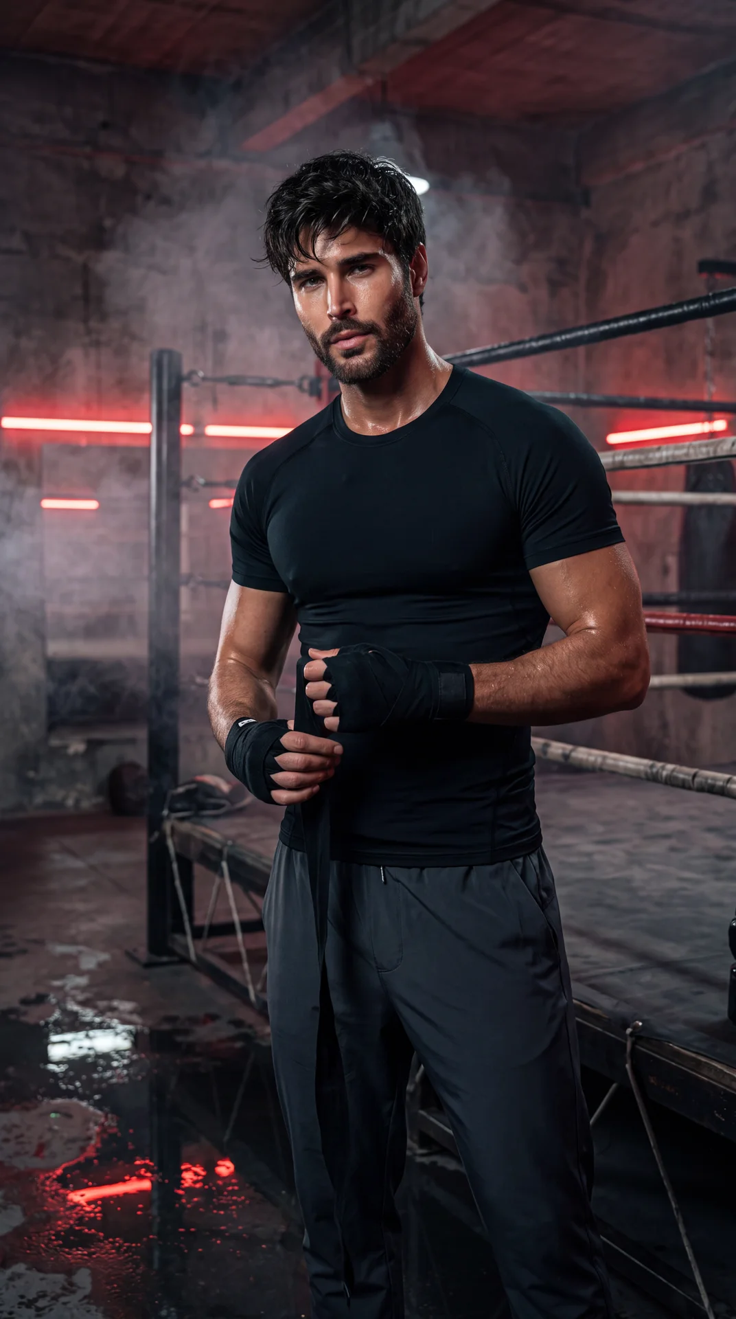 ультрареалистичная cinematic fashion фотосессия в тёмном underground boxing gym с бетонными стенами, красными неоновыми лампами и лёгким дымом в воздухе, glossy reflections от света падают на спортивный инвентарь и пол, атмосфера gritty luxury athlete aes