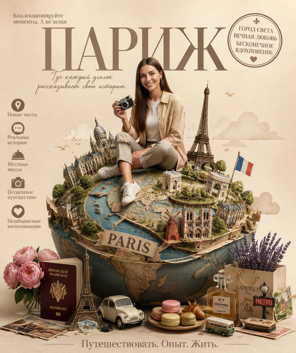 Создайте туристический плакат премиум-класса для ПАРИЖ Улыбающаяся молодая путешественница (используйте загруженную фотографию) непринужденно восседает на прекрасно выполненном миниатюрном глобусе с изображением ландшафта и карты {ПАРИЖ }. Она одета в сов