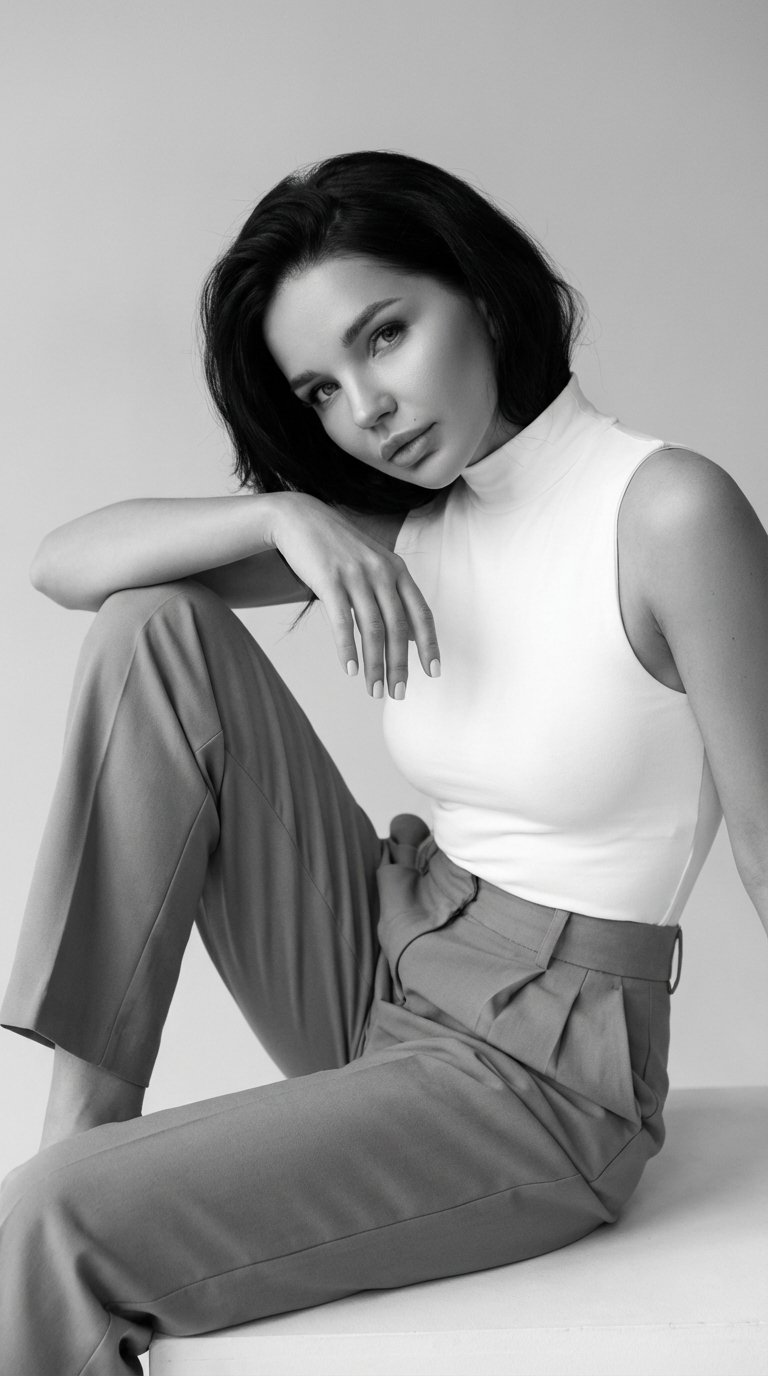 Use the face from the reference photo and preserve identity exactly without altering facial structure. Photorealistic 8K fashion editorial image. The girl’s skin is smooth and flawless, natural and real with visible pores and soft matte glow, lips closed,