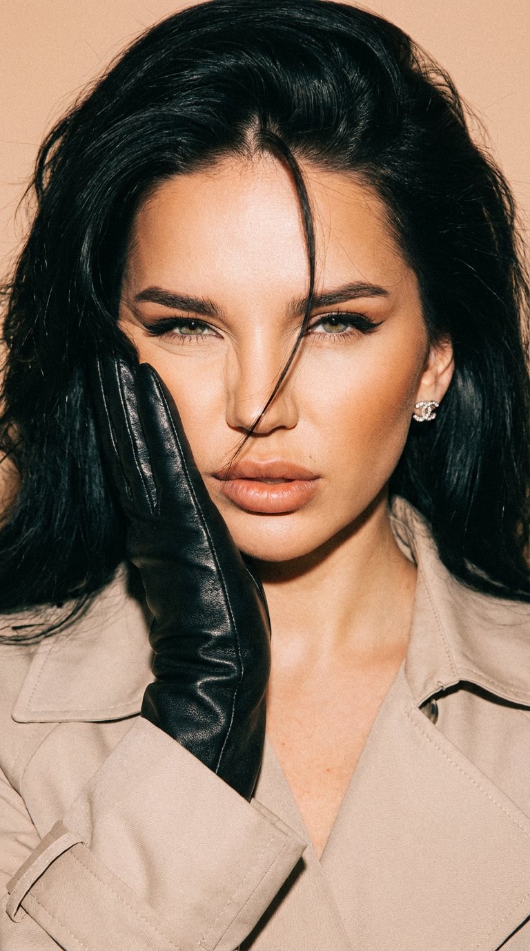 transfer the face and human parameters from my reference photo, preserve identity 100%. Ultra-realistic close-up, centered, eye-level. Black leather glove pressed to cheek. Expression intense feline squint, lips softly parted. Hair voluminous, brushed bac