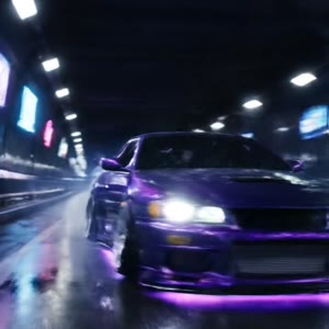 Промпт:

«Динамичное видео про ночной дрифт. Автомобиль: заниженный Nissan Skyline R34 с неоновой подсветкой днища. Место действия: мокрый городской туннель с неоновыми вывесками.
Сцены:

Статичный кадр: машина стоит в глубине туннеля, фары включены, капл