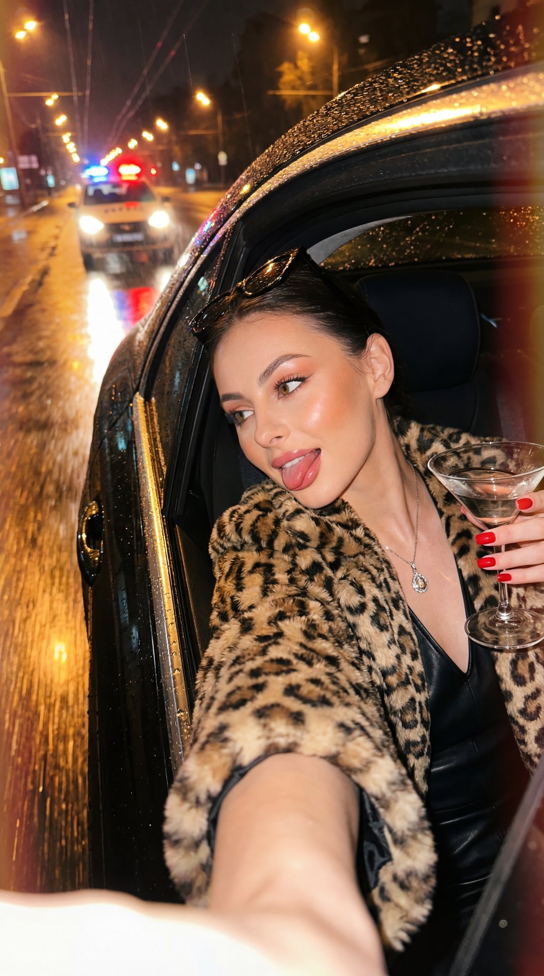 A girl looking out of the window of a black car at night in the rain, a close-up selfie taken at a slight angle with a slight tilt, a wide viewing angle of 35 mm; right arm fully extended to the lens, as when shooting (wrist slightly bent, fingers out of 