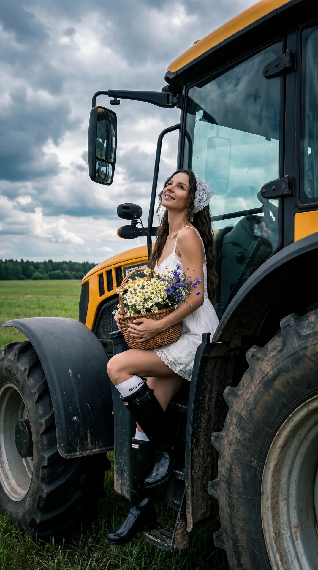Не меняй черты лица девушки с фотографии, сходство 1:1!!!!  Ультрафотореалестичная 
fashion/editorial фотография на открытом воздухе: молодая женщина с сохранением идентичности референса позирует, сидя боком на ступеньке и крыле крупной жёлто‑чёрной сельс