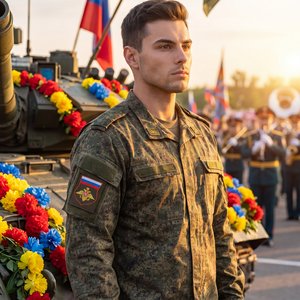 На фоне танка, украшенного яркими цветами, стоит мужчина в военной форме. Его лицо выражает гордость и решимость, взгляд устремлён вдаль. Вокруг него развиваются флаги, создавая атмосферу патриотизма и торжества. Слышен звук марша, который дополняет карти